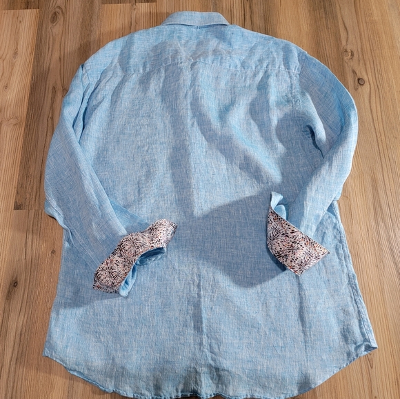 Men's Size X Large Blue Button Down Massuto Dress Shirt Linen Cuffed Print - Picture 6 of 7